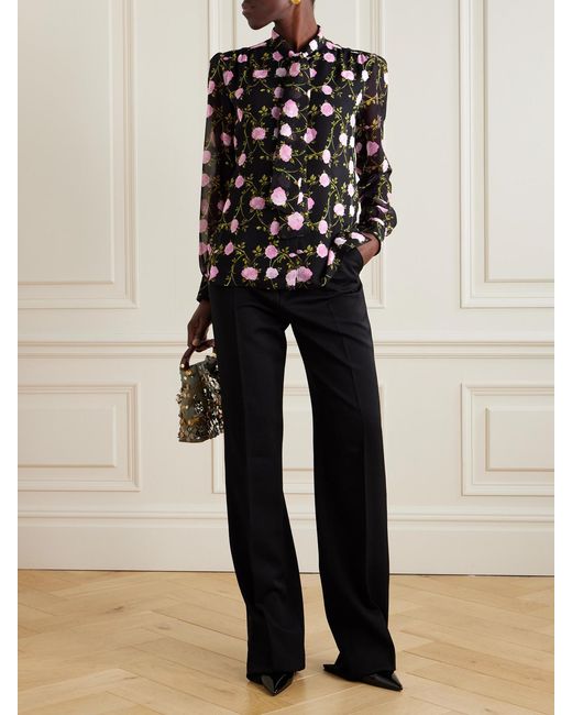 Giambattista Valli Black Pussy-Bow Floral-Print Silk-Chiffon Blouse