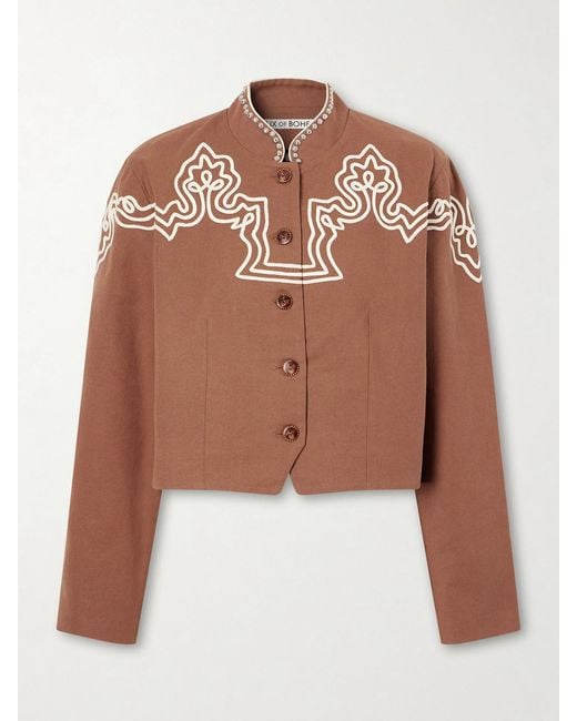 Alix Of Bohemia Brown Clarke Clove Spur Cropped Appliquéd Cotton-Poplin Jacket