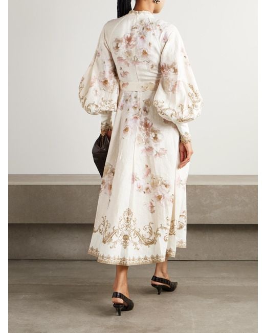 Zimmermann Natural Midikleid Aus Leinen Mit Blumenprint Und Gürtel