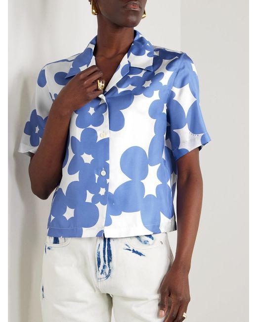 Marni Blue Floral-Print Silk-Twill Shirt