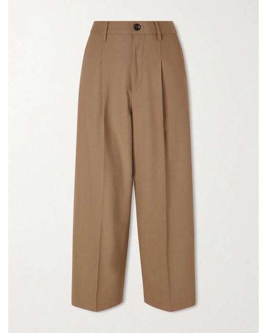 Maria McManus Natural Cropped Pleated Wool-Blend Wide-Leg Pants