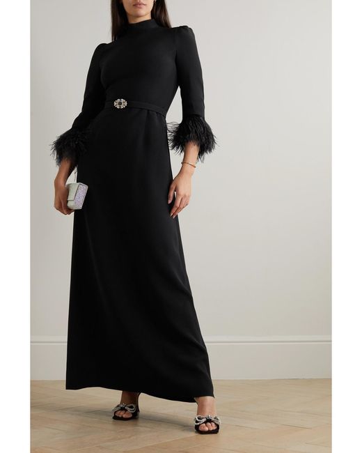 Andrew Gn Black Belted Crystal And Feather-Embellished Crepe Gown