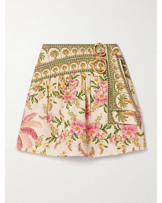 Farm Rio Natural Belted Wrap-Effect Pleated Floral-Print Linen Mini Skirt