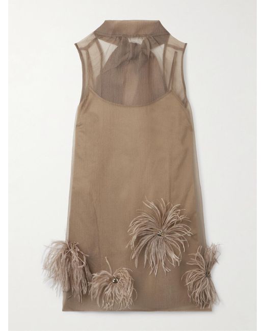 Staud Natural Albee Embellished Feather-Trimmed Crepon Turtleneck Mini Dress