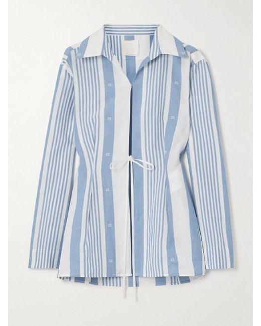 Givenchy Blue Hemd Aus Einer Gestreiften Baumwoll-Leinenmischung