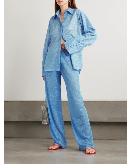 Oseree Blue Lumière Metallic Stretch-Knit Straight-Leg Pants