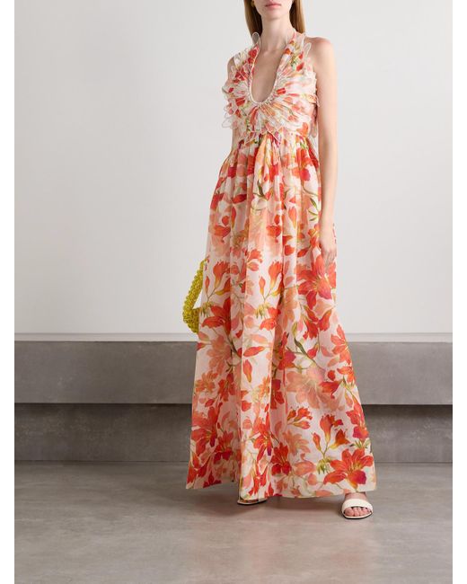 Zimmermann White Tranquility Appliquéd Floral-Print Linen And Silk-Blend Halterneck Maxi Dress