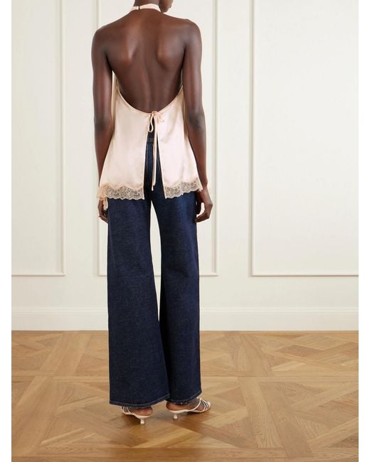Magda Butrym Pink Appliquéd Lace-Trimmed Silk-Satin Halterneck Top