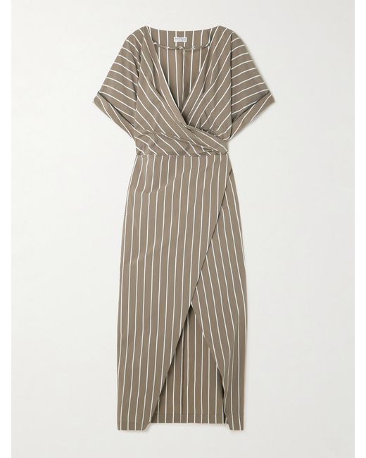 Brunello Cucinelli Natural Striped Cotton-Blend Poplin Wrap Midi Dress