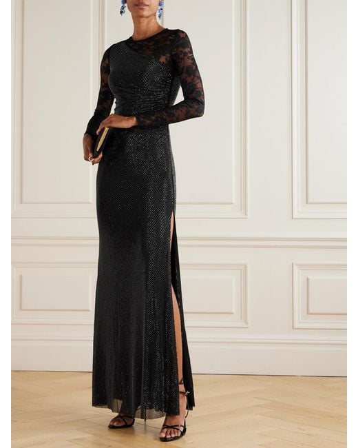 Self-Portrait Black Lace-Trimmed Crystal-Embellished Jersey Gown
