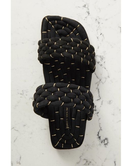 Dries Van Noten Black Woven Metallic Suede Slides
