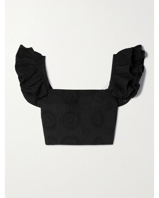 Alice + Olivia Black Tawny Cropped Broderie Anglaise Cotton And Linen-Blend Top