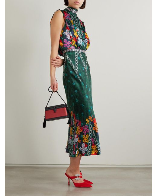 Saloni Green Fleur Open-Back Printed Silk-Satin Midi Dress