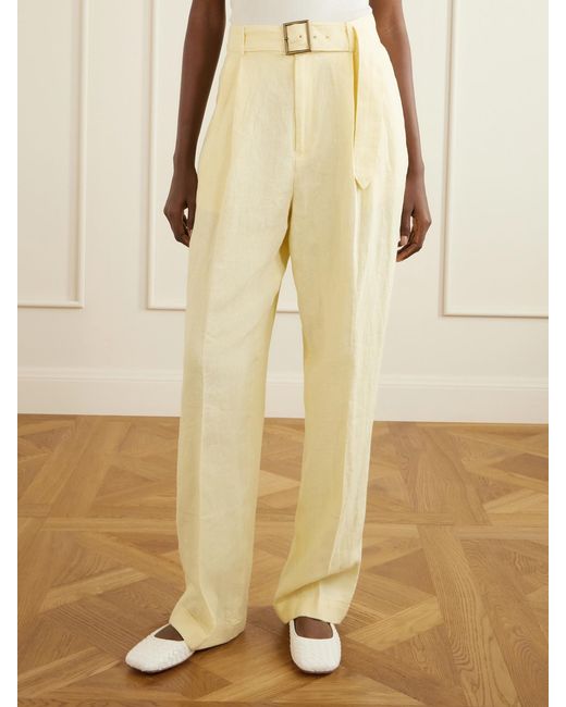 Polo Ralph Lauren Yellow Belted Linen Wide-Leg Pants