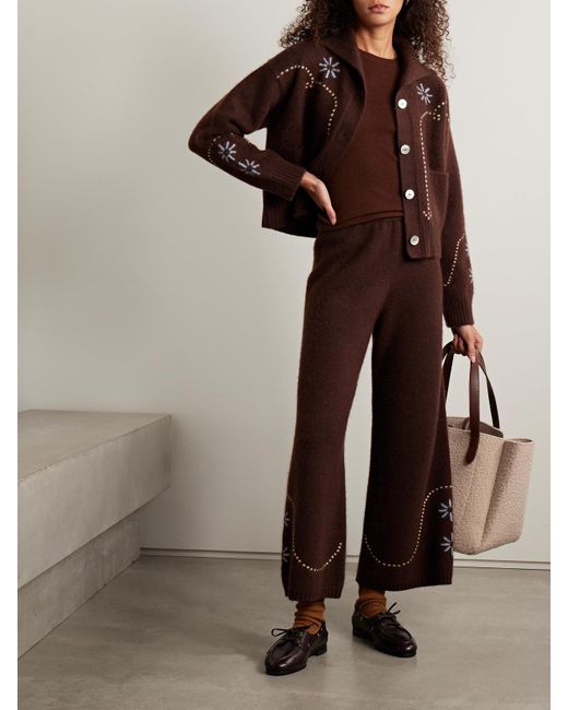 Calle Del Mar Brown Intarsia-Knit Cashmere Cardigan