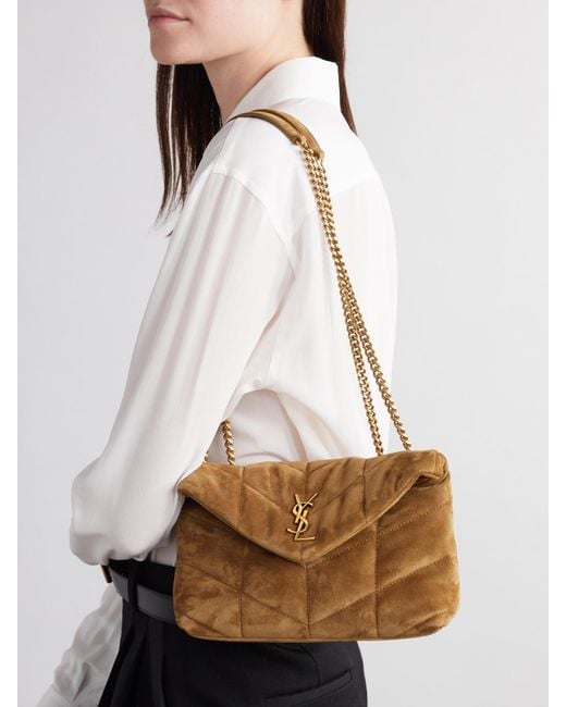 Saint Laurent Brown Toy Puffer Matelassé Leather-Trimmed Suede Shoulder Bag