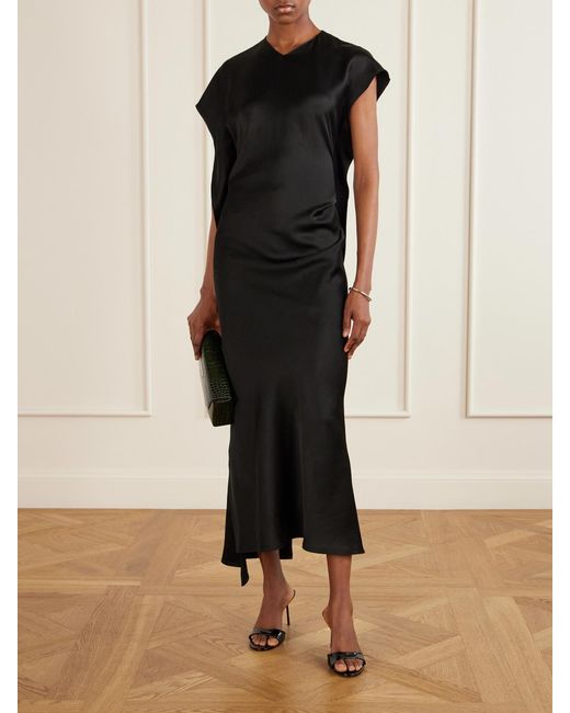 Victoria Beckham Black Victoria Gathered Satin Midi Dress