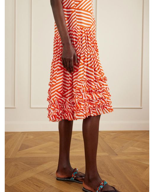 Dries Van Noten Orange Demi Ruffled Asymmetric Striped Cotton Midi Dress