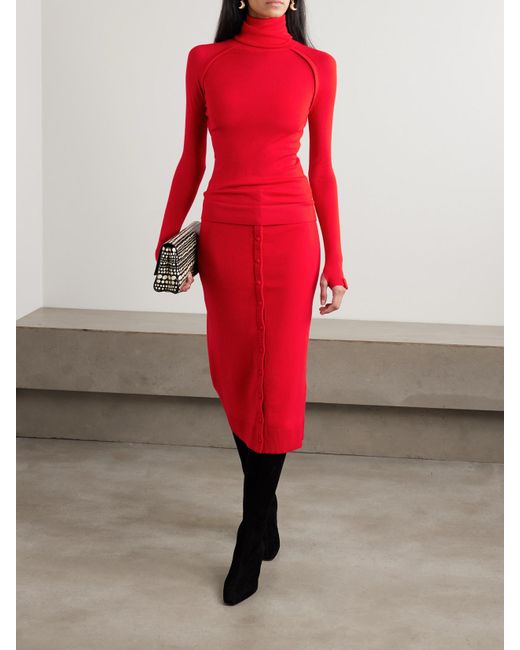 Victoria Beckham Red Midirock Aus Einer Gerippten Merinowollmischung