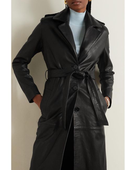 Nour Hammour Black Dakota Belted Shearling-Trimmed Leather Coat