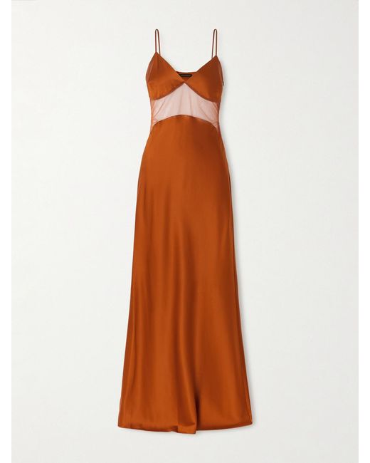 Kiki de Montparnasse Brown Maxime Tulle-Trimmed Silk-Blend Satin Nightdress