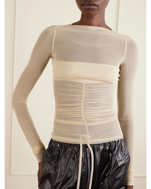 Rick Owens Natural Ruched Stretch-Mesh T-Shirt