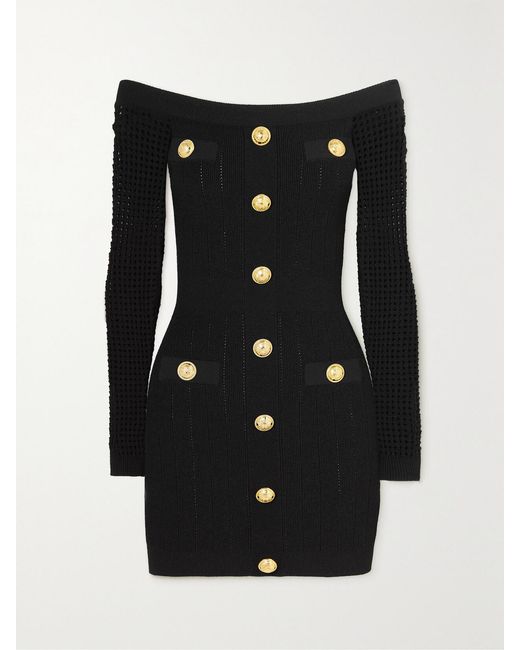 Balmain Black Schulterfreies Minikleid Aus Strick Mit Zierknöpfen