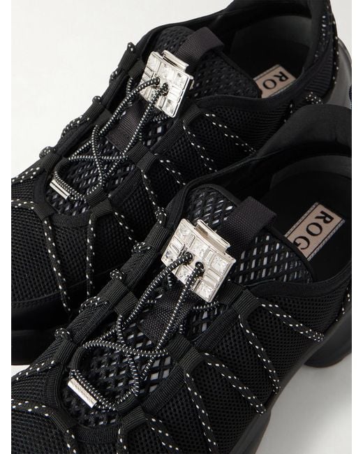 Roger Vivier Black Viv On The Run Embellished Leather-Trimmed Mesh Sneakers