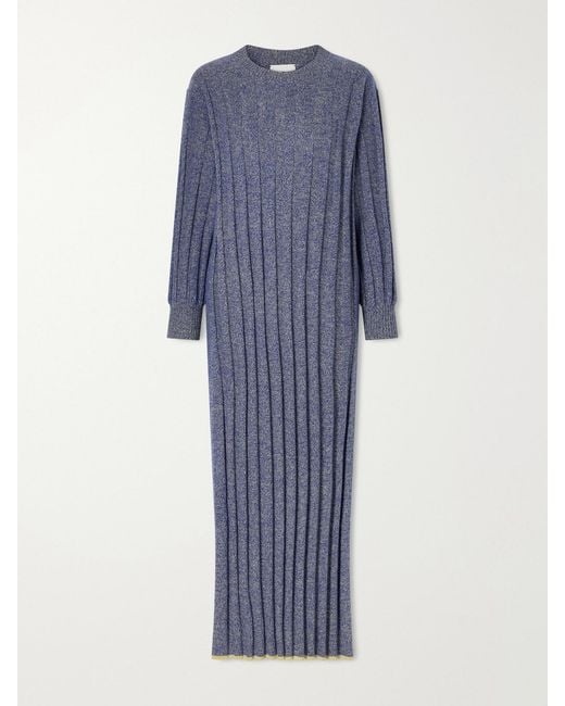 The Elder Statesman Blue Ribbed Cashmere Maxi Dress