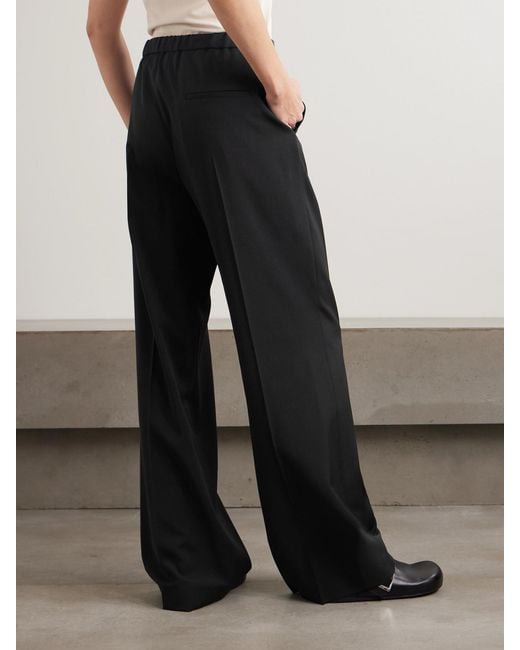 Loewe Black Leather-Trimmed Pleated Grain De Poudre Wool Straight-Leg Pants