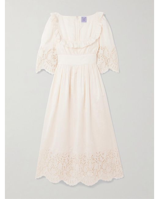 Robe Longue En Voile De Coton Et De Soie Mélangés À Broderie Anglaise, Volants Et Festons Yolande Thierry Colson en coloris Natural