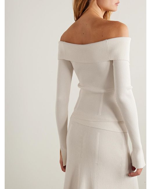 Zimmermann Natural Off-The-Shoulder Cotton-Trimmed Ribbed-Knit Cardigan