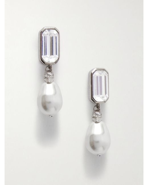 Alexander McQueen White Skull-Tone, Crystal And Faux Pearl Earrings