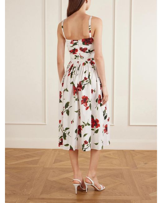 Oscar de la Renta White Belted Pleated Floral-Print Cotton-Blend Poplin Midi Dress