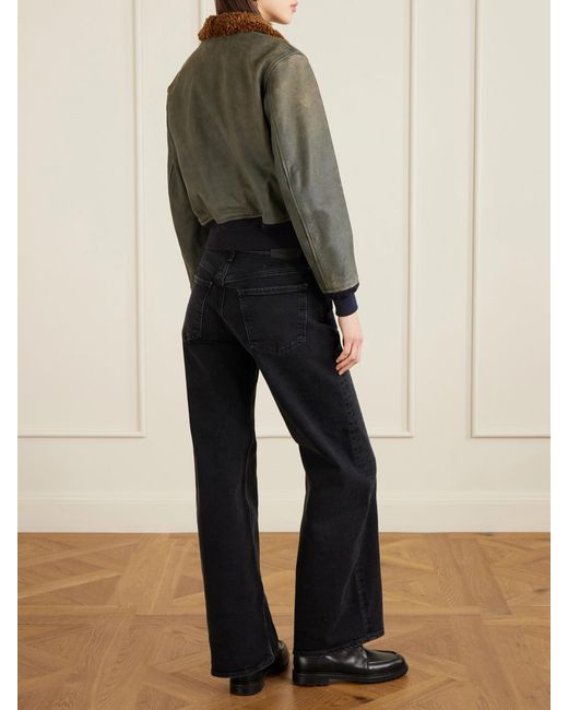 RRL Green Harper Plush-Trimmed Appliquéd Leather Bomber Jacket