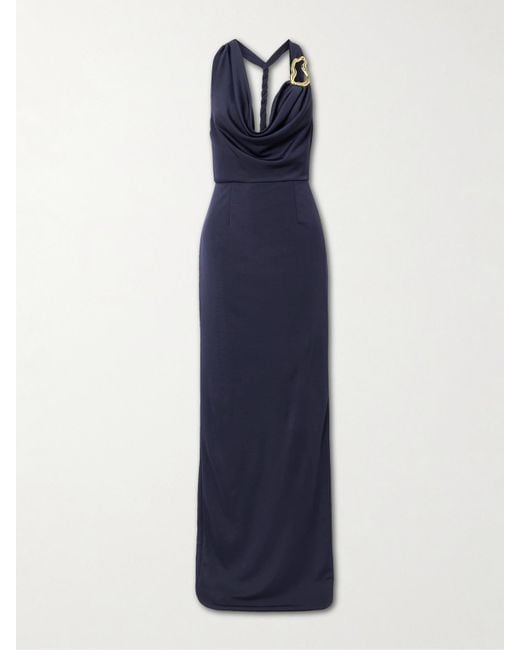 Rebecca Vallance Blue Ayesha Draped Embellished Stretch Satin-Jersey Halterneck Gown