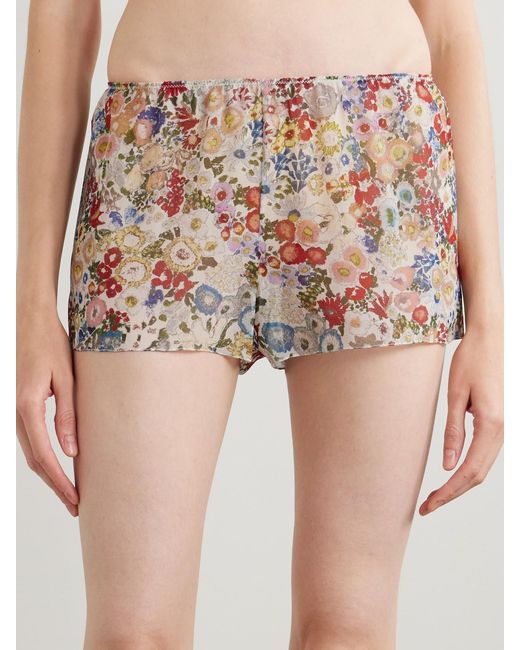 Khaite Metallic Tilly Floral-Print Silk-Chiffon Shorts
