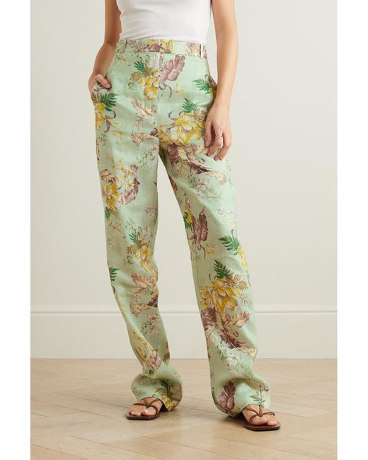 Zimmermann Green Matchmaker Floral-Print Linen Straight-Leg Pants