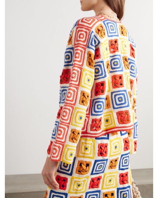 Escvdo Red Net Sustain Santeria Patchwork Crocheted-Cotton Cardigan