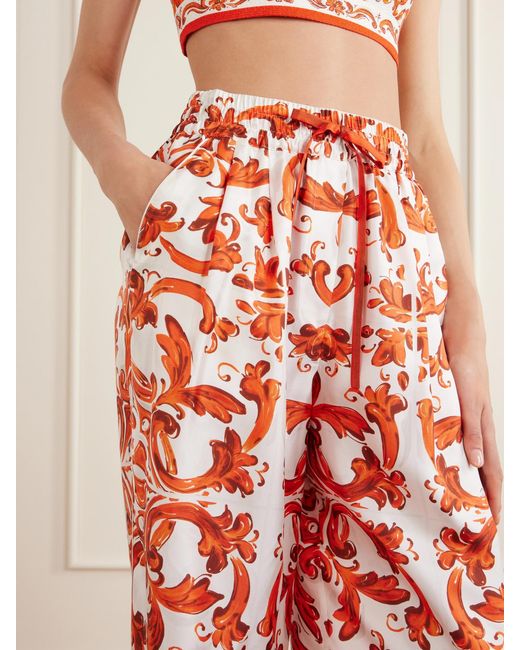 Dolce & Gabbana White Printed Silk-Twill Wide-Leg Pants