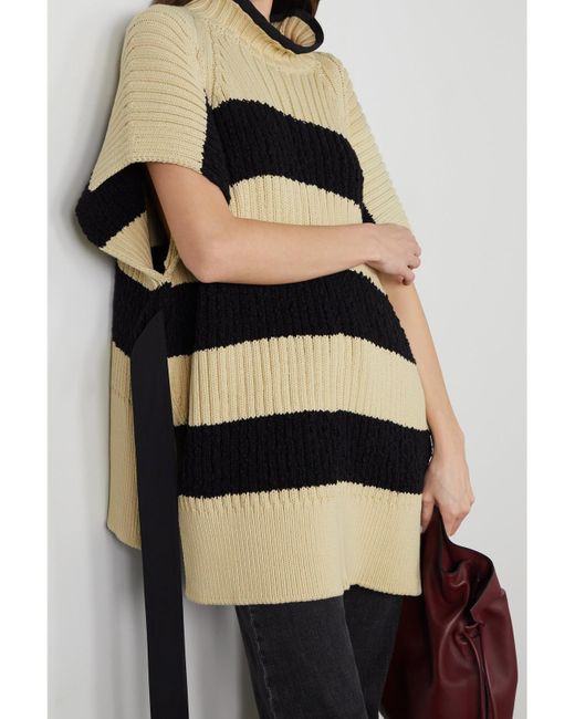 Moncler Genius White Belted Striped Ribbed Cotton-blend Poncho