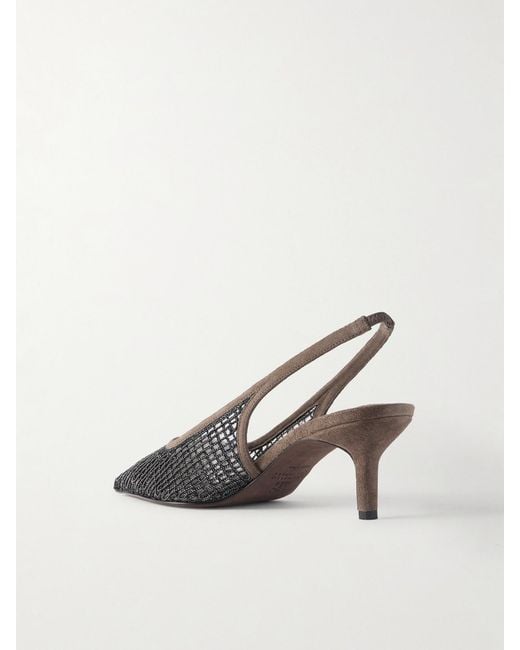 Brunello Cucinelli Brown Embellished Suede-Trimmed Mesh Slingback Pumps