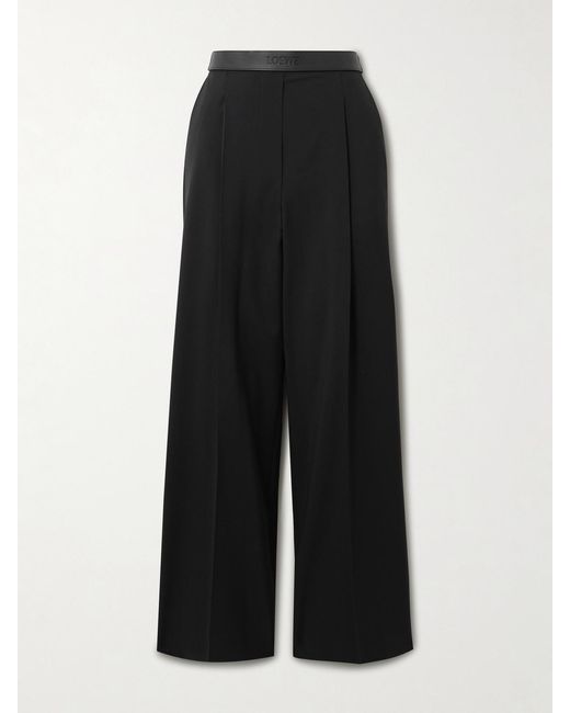 Loewe Black Leather-Trimmed Pleated Grain De Poudre Wool Straight-Leg Pants