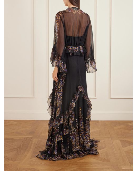 Etro Black Ruffled Paisley-Print Silk-Chiffon Gown