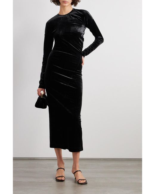 Totême Black Gathered Stretch-Velvet Midi Dress