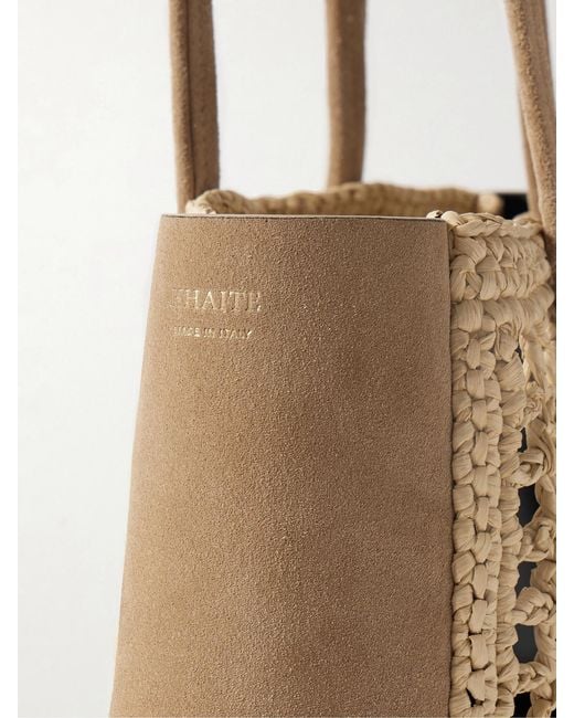 Khaite Natural Zoe Small Suede And Crocheted Raffia Tote