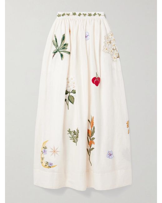 Agua Bendita Natural Tangelo Appliquéd Embroidered Linen Maxi Skirt