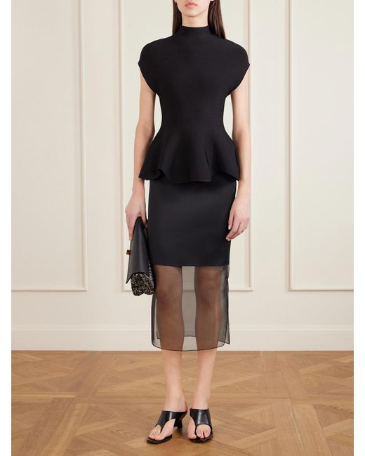 Khaite Black Sybil Layered Frayed Satin-Crepe And Organza Midi Skirt
