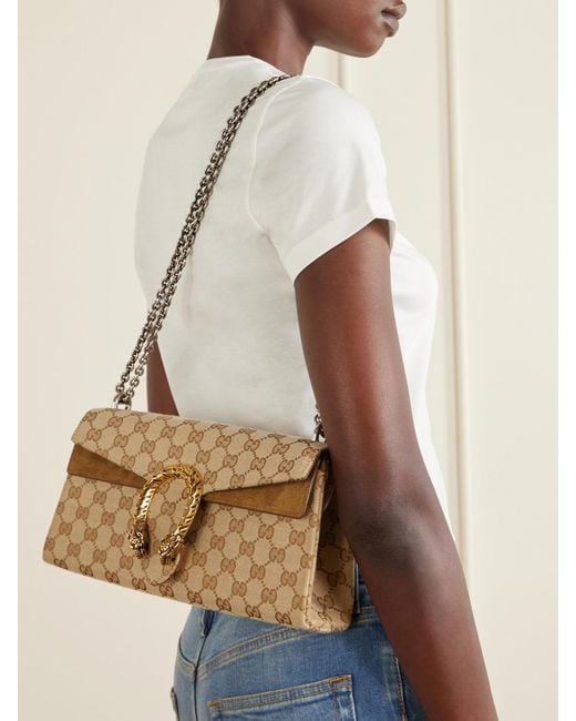 Gucci Natural Dionysus Small Embellished Suede-Trimmed Coated Canvas-Jacquard Shoulder Bag