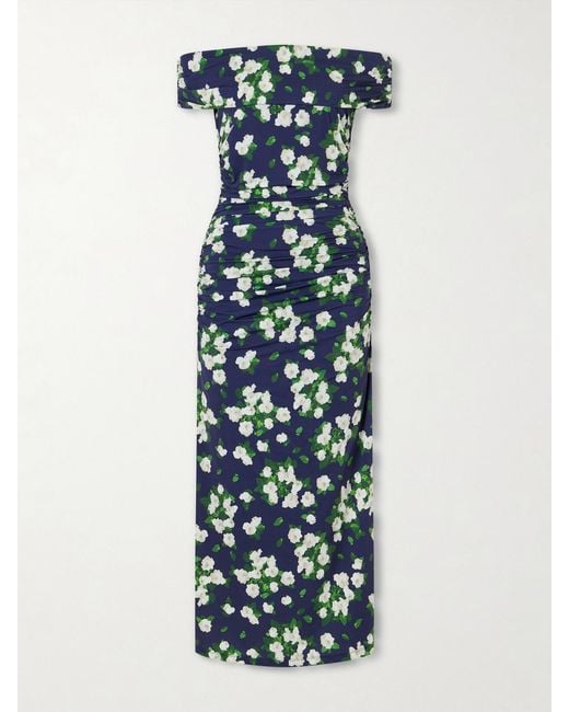 Carolina Herrera Blue Floral-Print Gathered Satin Midi Dress